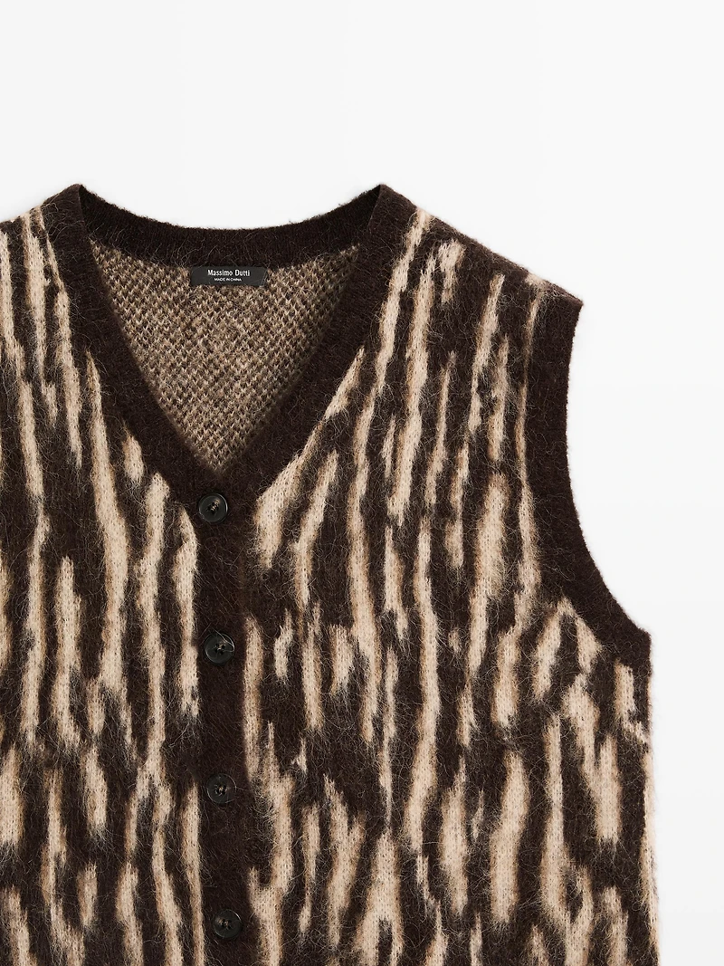 Veste sans manches en maille de laine mélangée à imprimé animal