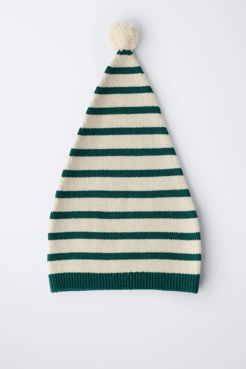 STRIPED KNIT HAT WITH WOOL POMPOM