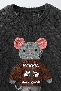 7-12 ANS/ PULL EN MAILLE AVEC LAINE SOURIS BRODÉE