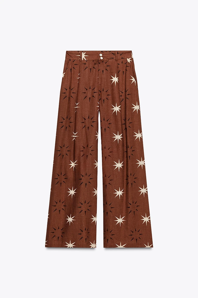 SUN PRINT LINEN WIDE LEG PANTS