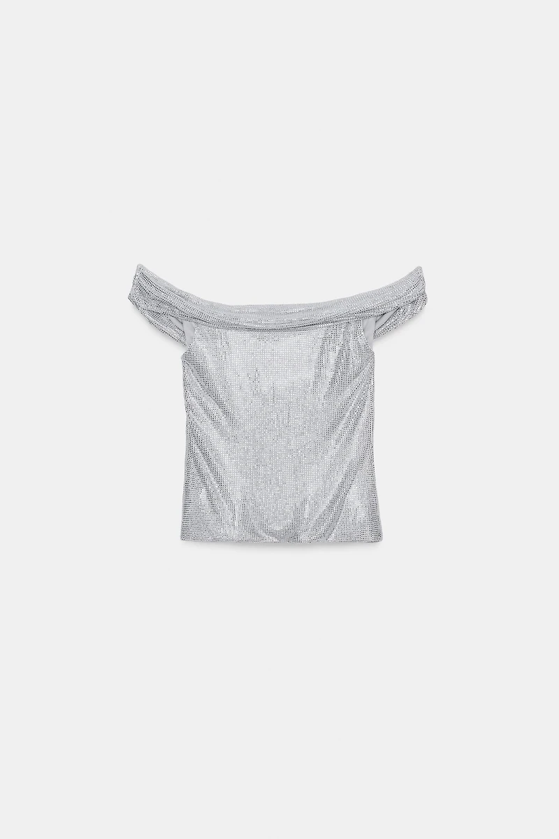 RHINESTONE DRAPED MESH TOP