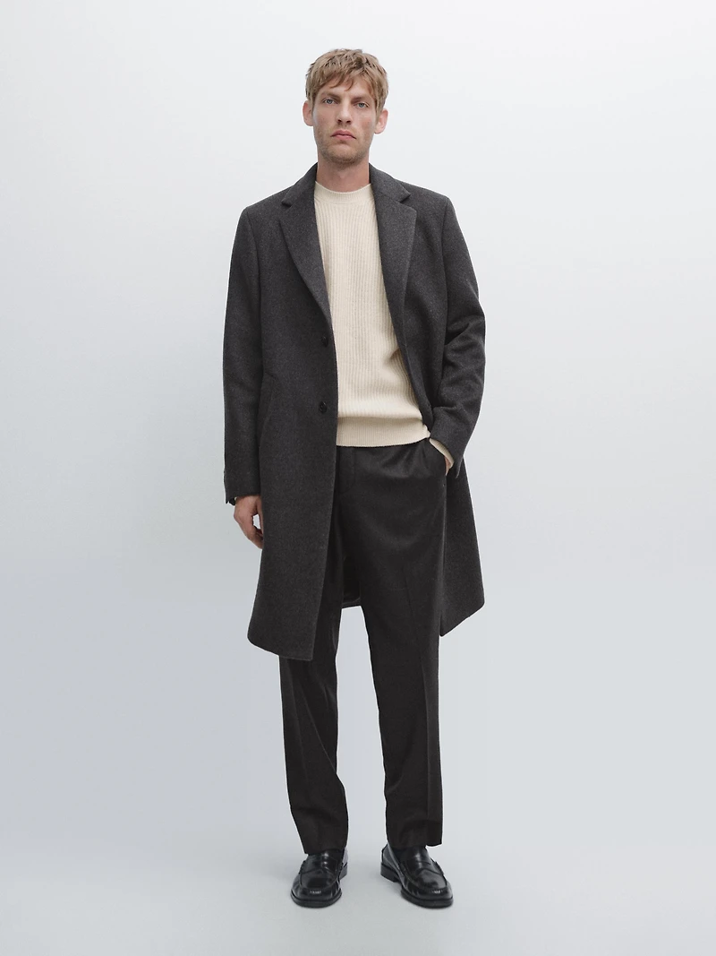 100% wool long coat with lapel collar