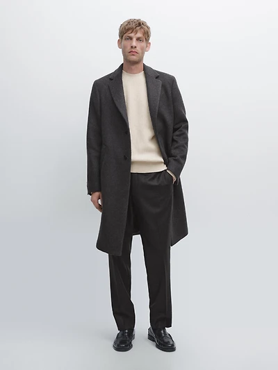100% wool long coat with lapel collar
