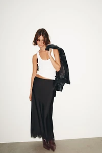 SATIN EFFECT LACE MIDI SKIRT