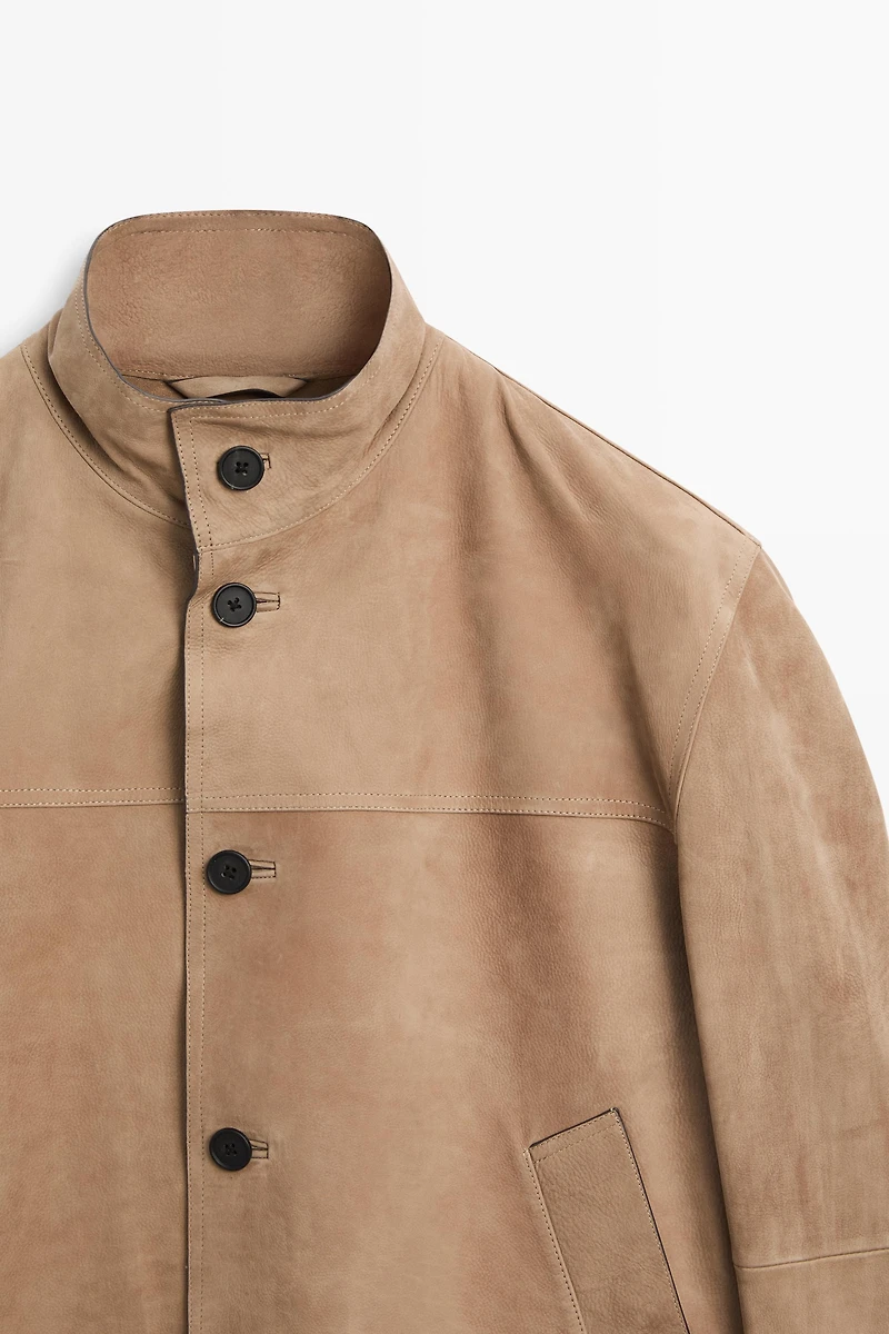 Nubuck leather stand-up collar jacket