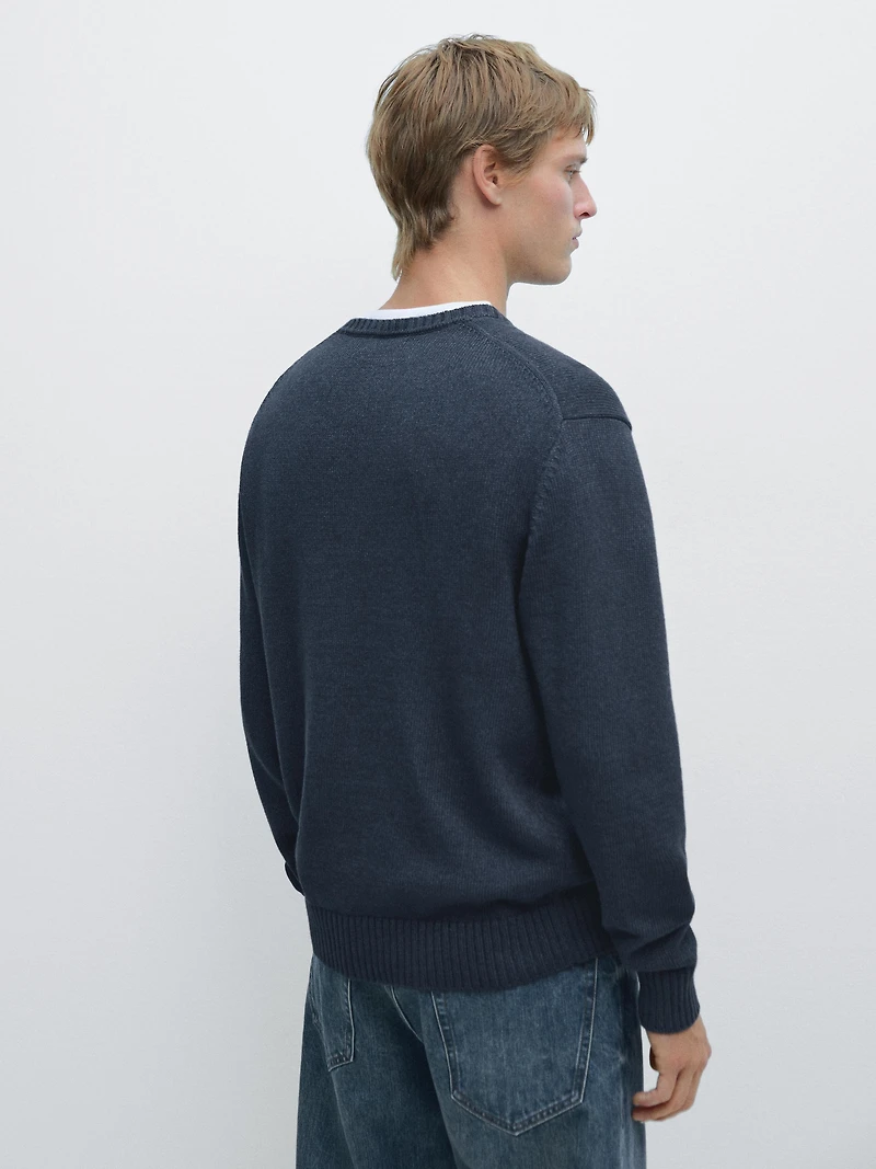 Denim-effect crew neck knit sweater