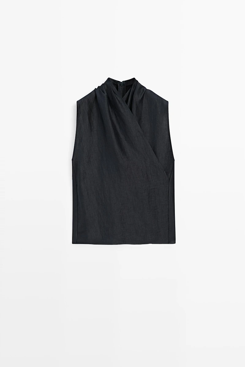 Linen blend sleeveless crossover top