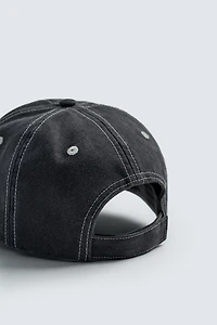 WASHED EMBROIDERED TEXT TOPSTITCHED CAP