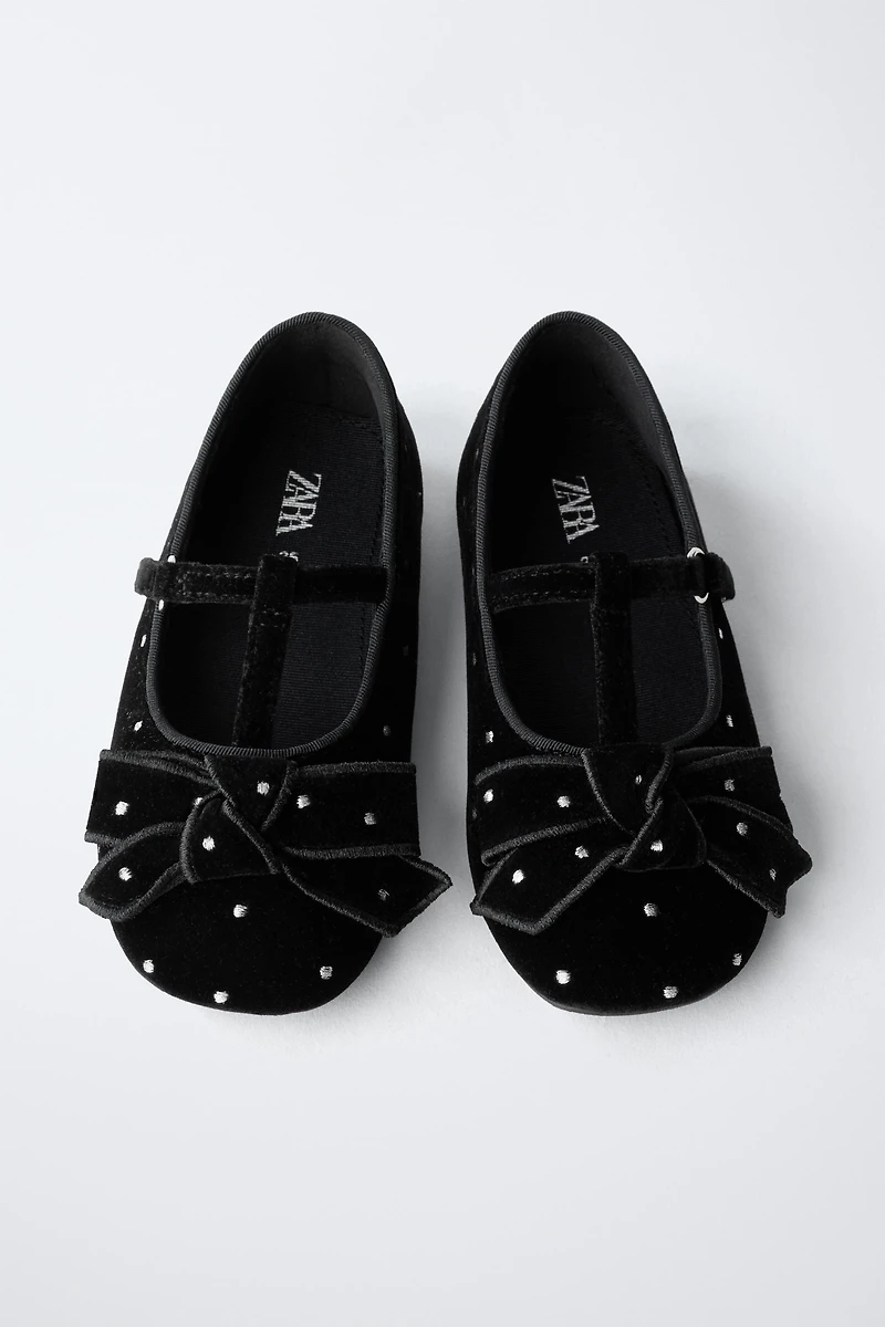 VELVET T-BAR BALLET FLATS WITH BOW