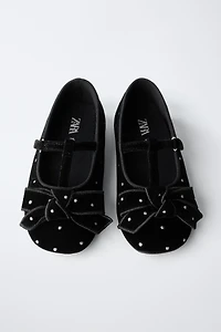 VELVET T-BAR BALLET FLATS WITH BOW