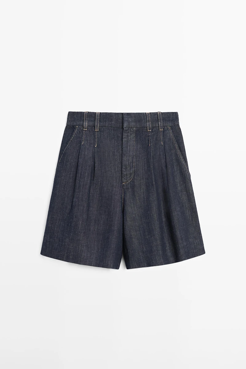Cotton denim Bermuda shorts with topstitching