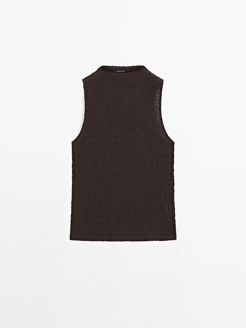 Chocolate linear waffle-knit funnel neck top