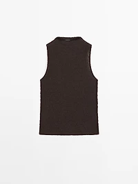Chocolate linear waffle-knit funnel neck top