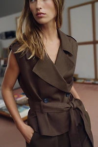 BELTED DOUBLE-BREASTED LINEN VEST
