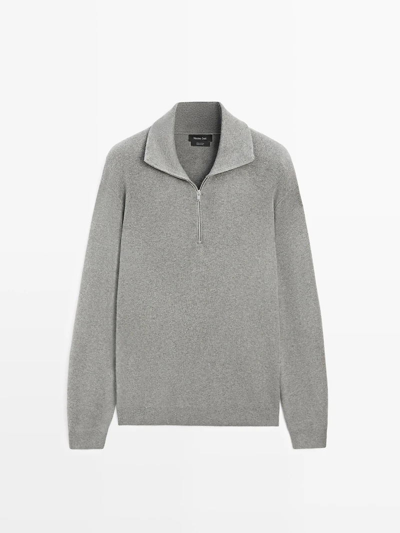 Cotton mock neck knit sweater with zip