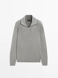 Cotton mock neck knit sweater with zip