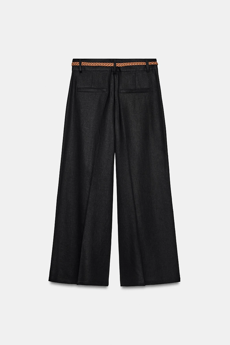 PANTALON JUPE-CULOTTE EN LIN AVEC CEINTURE TRESSÉE