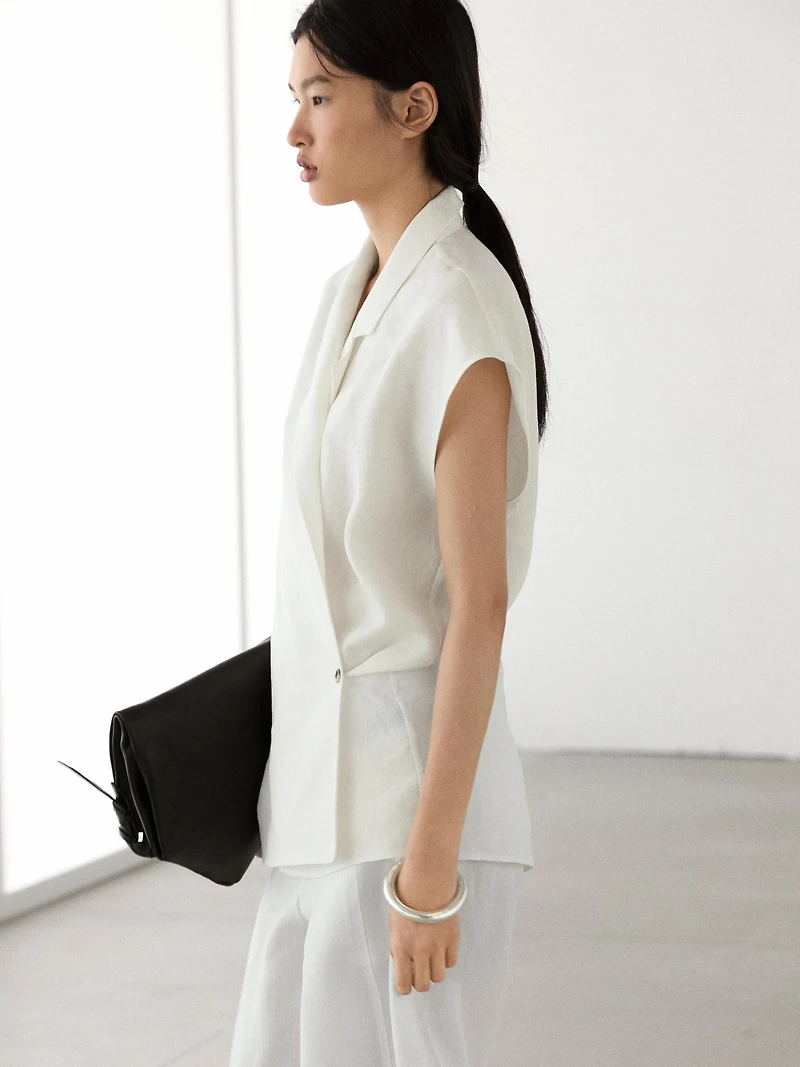 Short sleeve crossover linen jacket