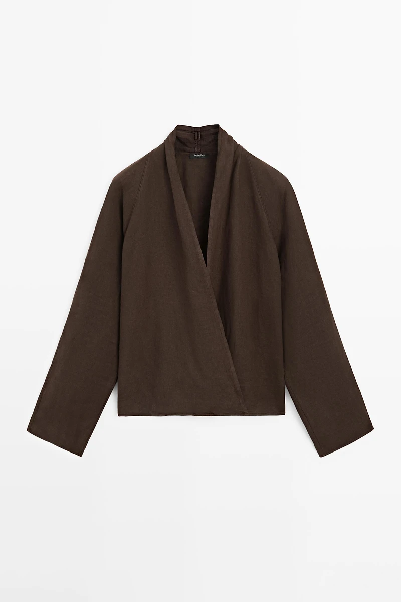 Flowing loose-fitting linen wrap blouse