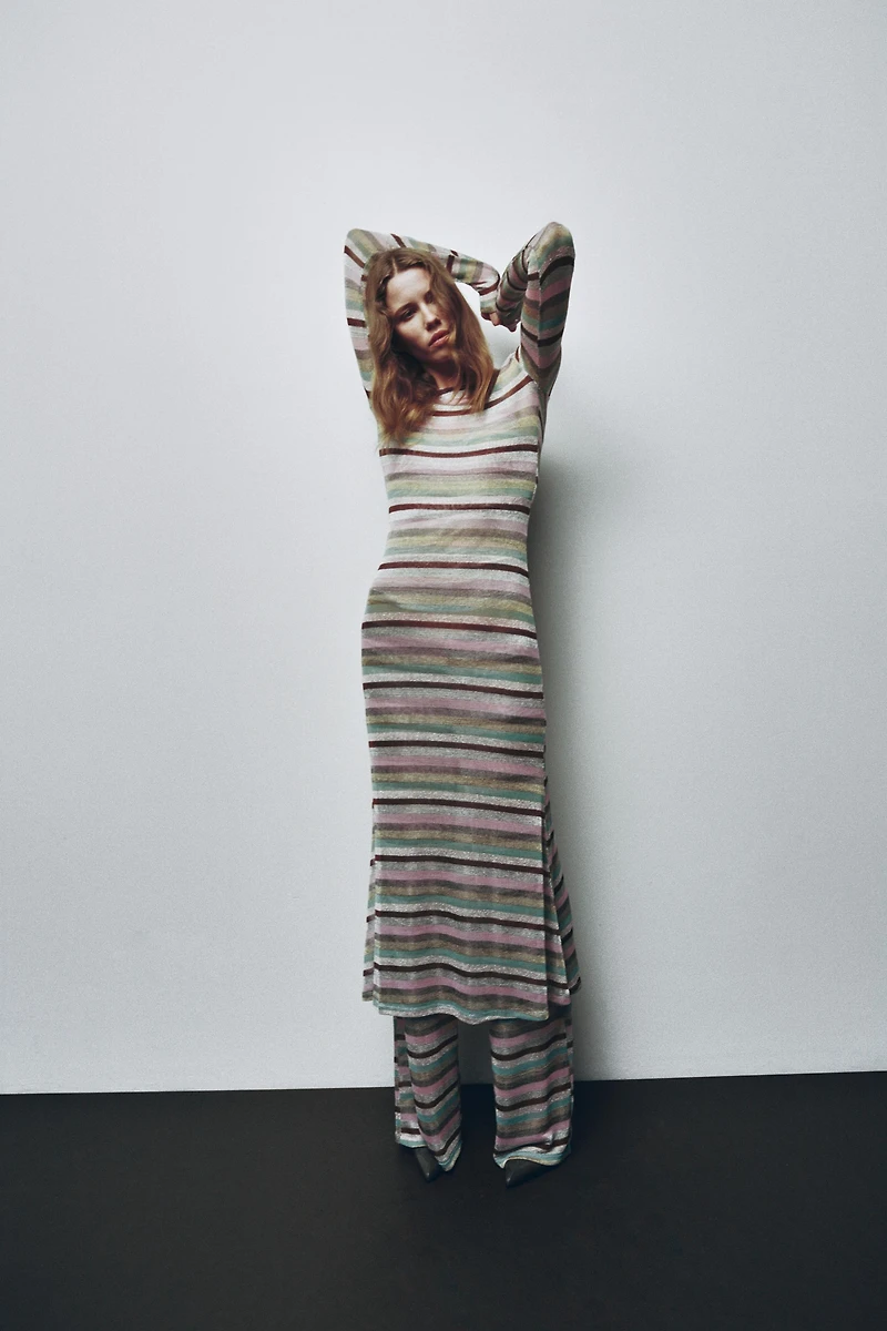METALLIC THREAD STRIPED LONG DRESS