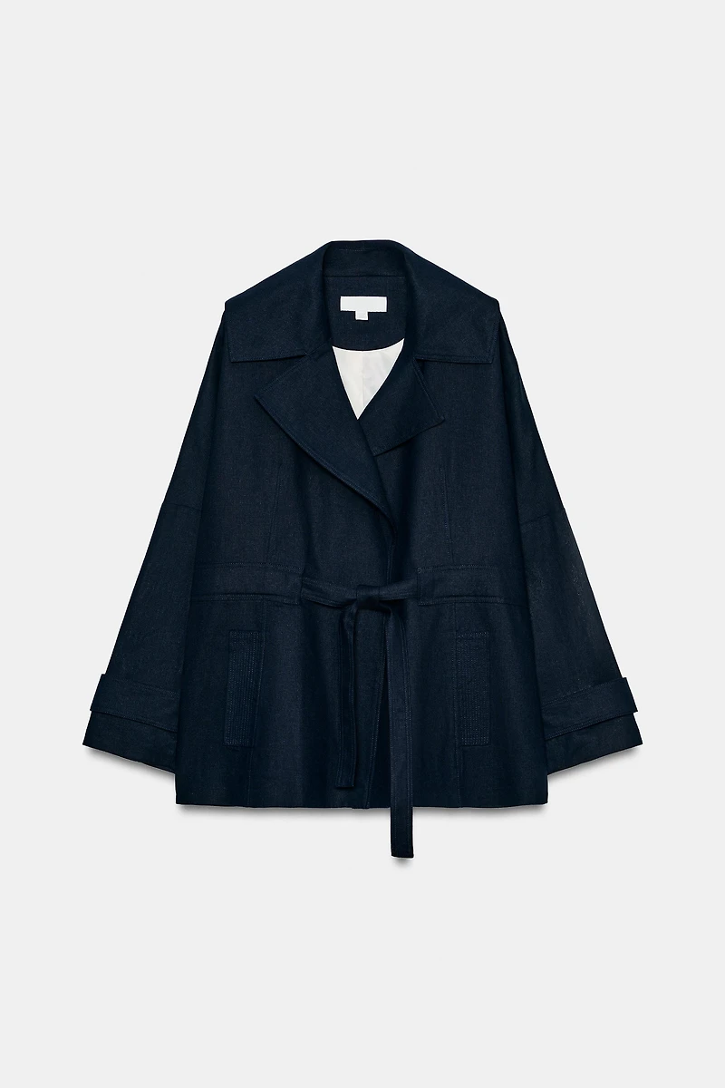 LINEN BLEND BELTED TRENCH JACKET