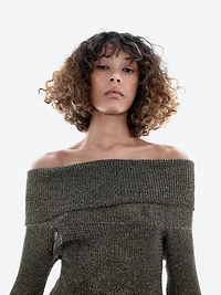 Off-the-shoulder knit sweater with metallic finish