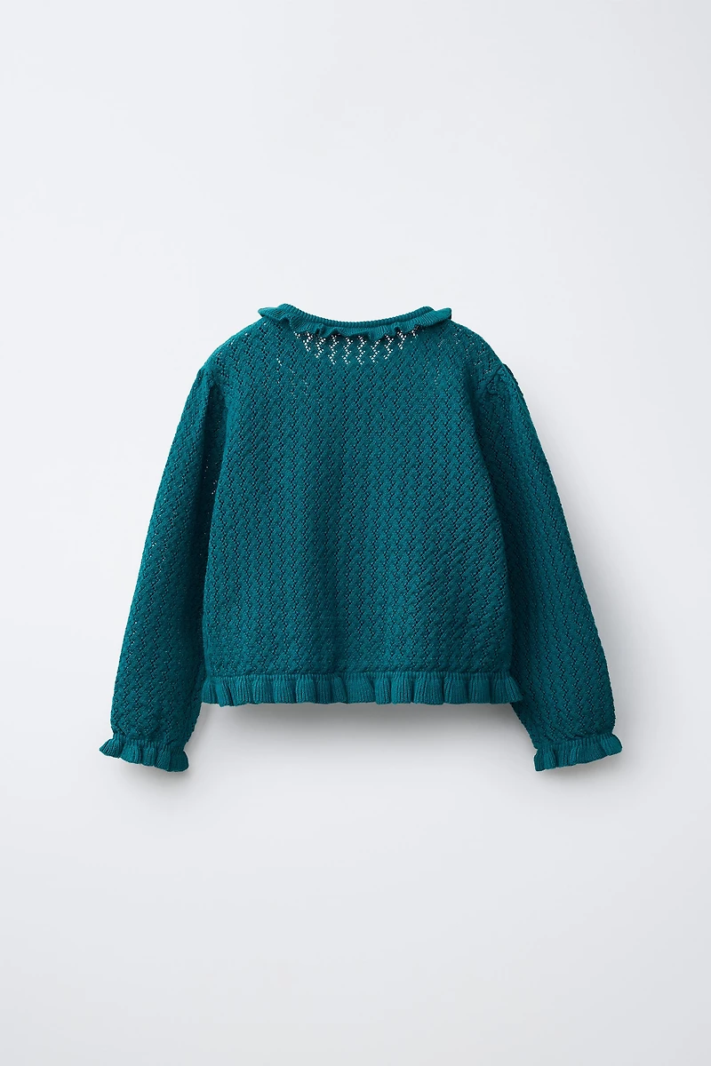COTTON AND LINEN RUFFLE KNIT CARDIGAN