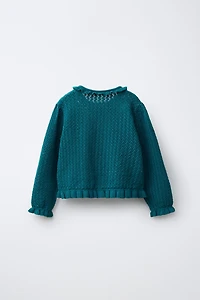 COTTON AND LINEN RUFFLE KNIT CARDIGAN