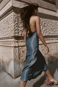 ASYMMETRICAL BEADED SATIN MIDI DRESS
