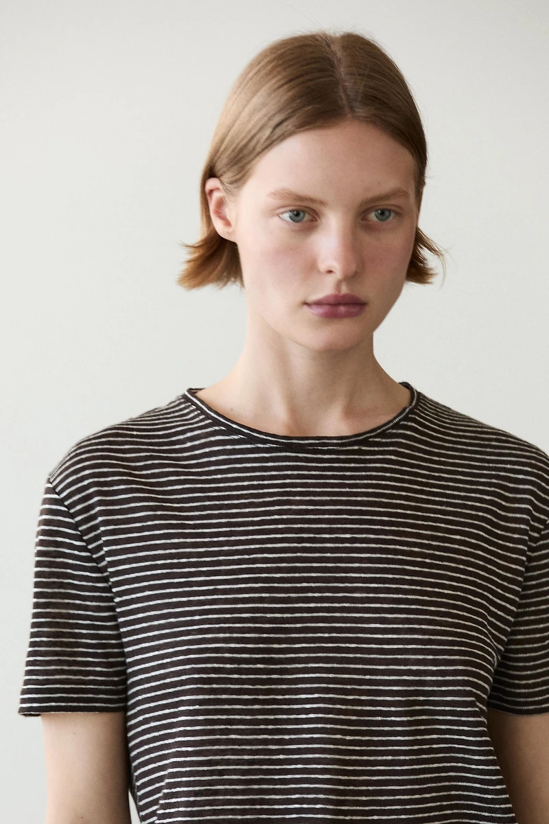 100% linen regular fit striped T-shirt