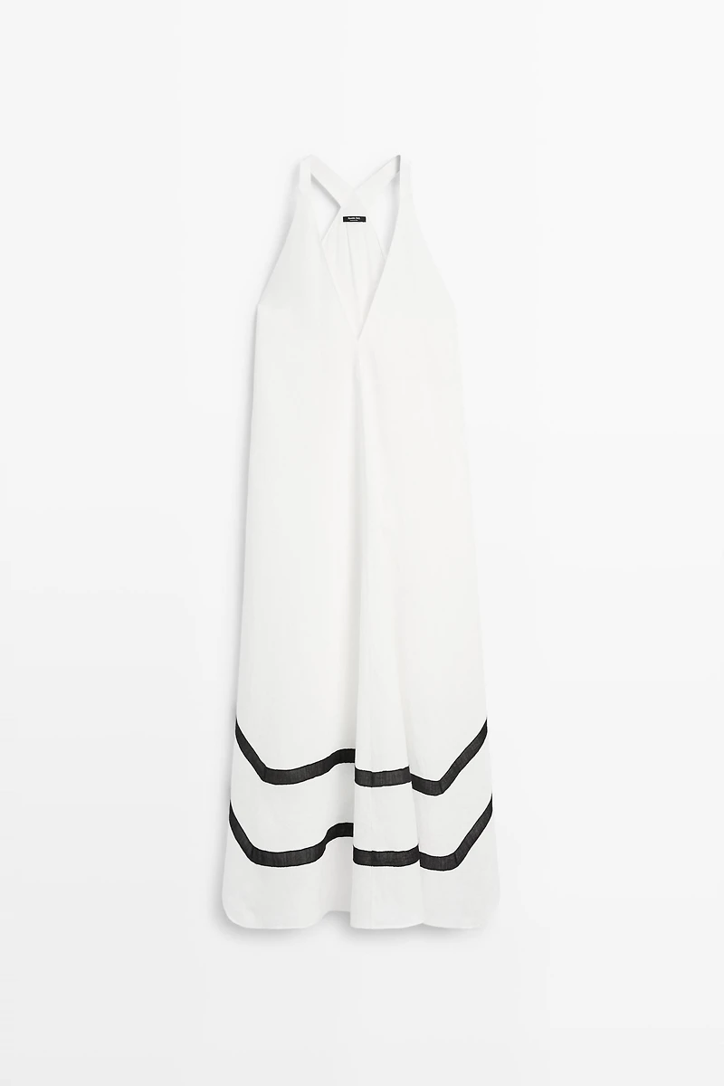 Linen blend midi dress with contrast stripe detail