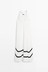 Linen blend midi dress with contrast stripe detail