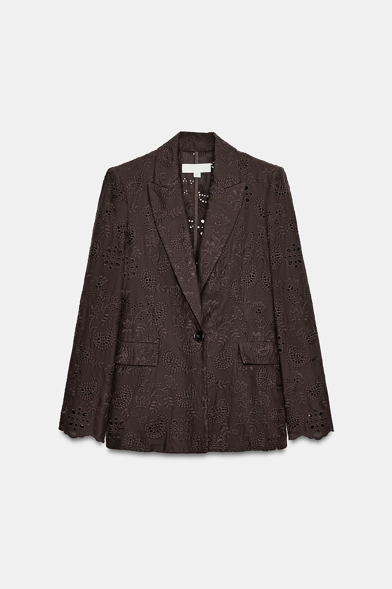 STRAIGHT BLAZER WITH EMBROIDERED PERFORATED SHOULDER PADS