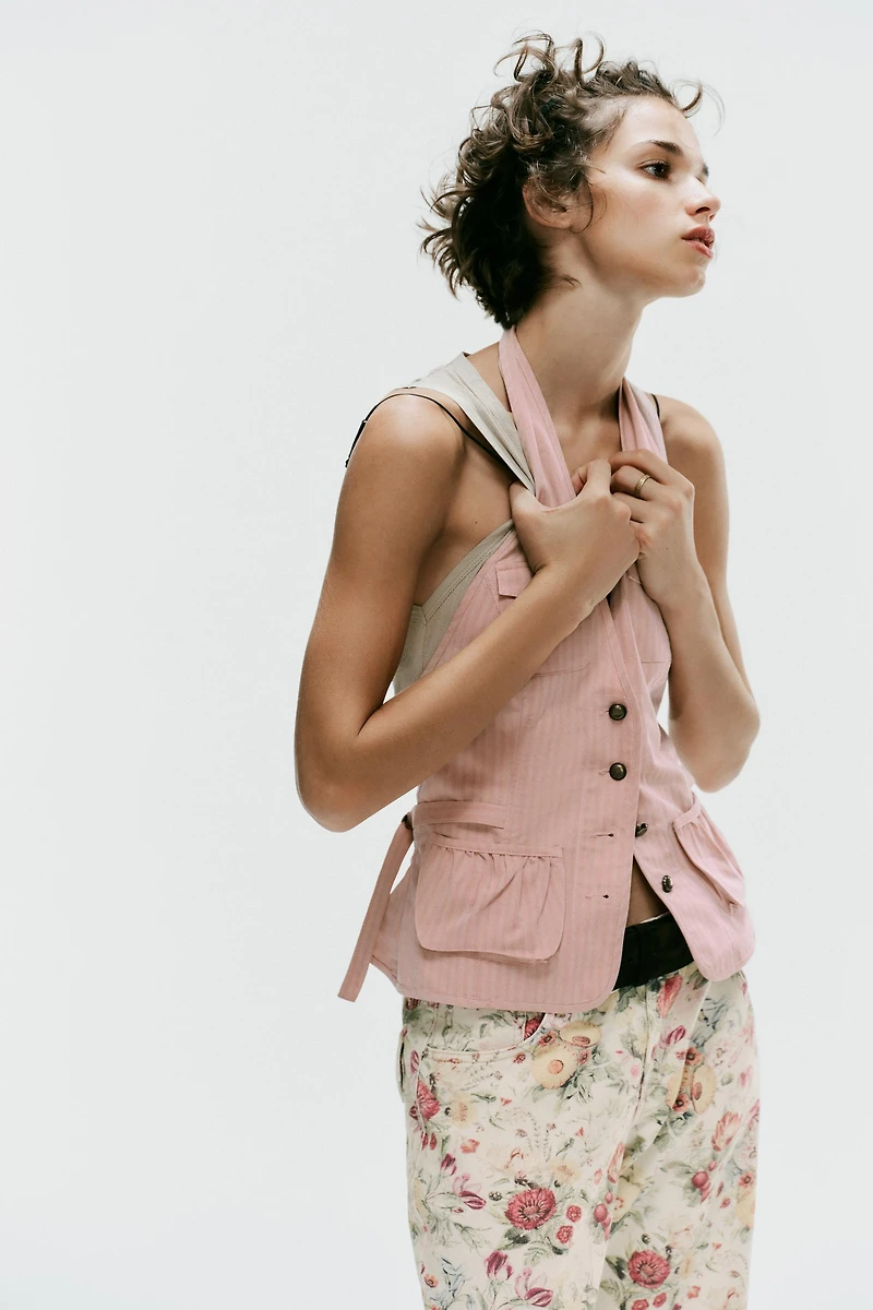STRIPED HALTER TOP WITH POCKETS