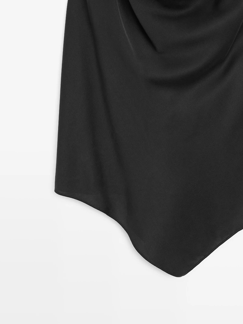 Silk blend top with cowl neck and tie