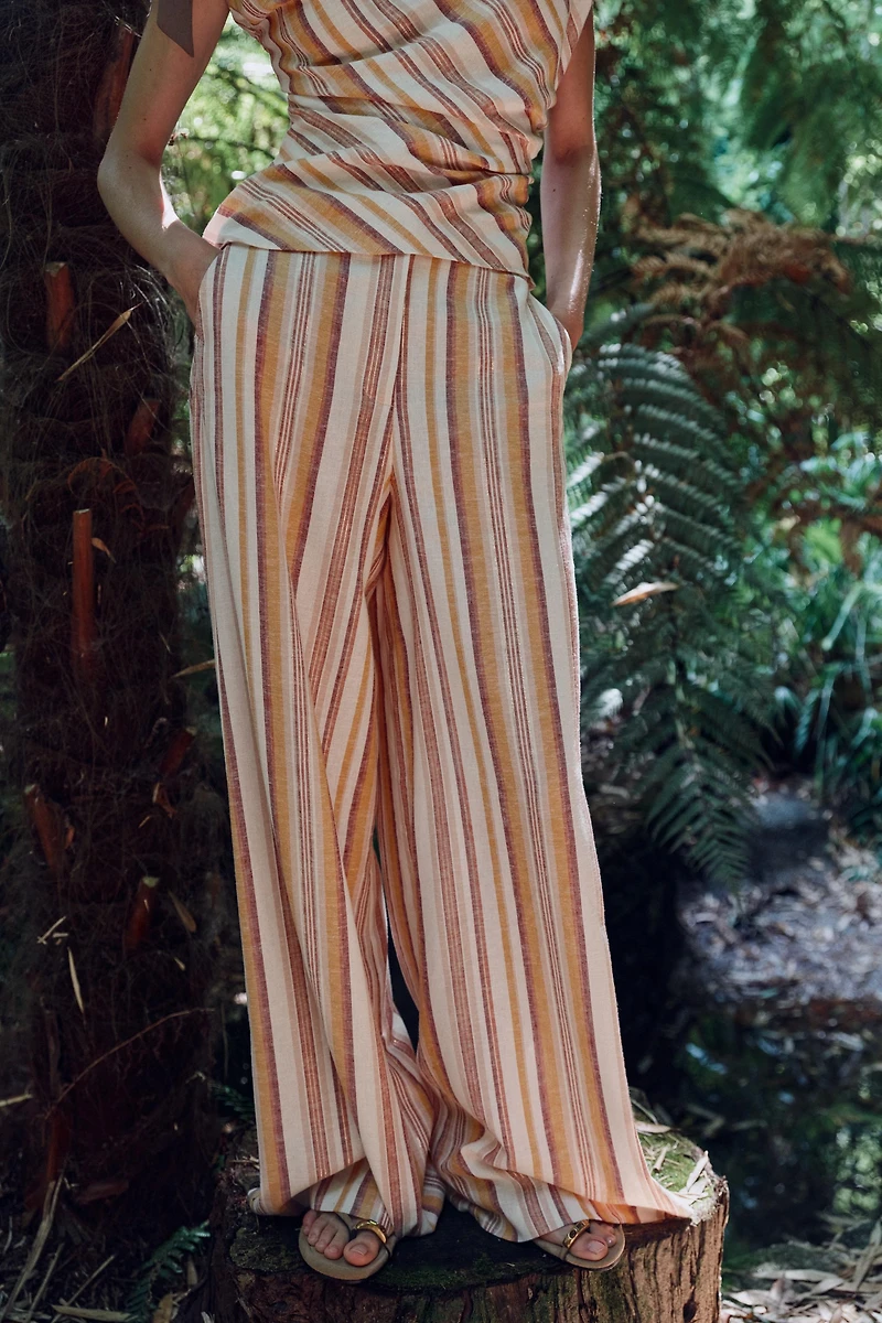 STRIPED LINEN WIDE LEG PANTS