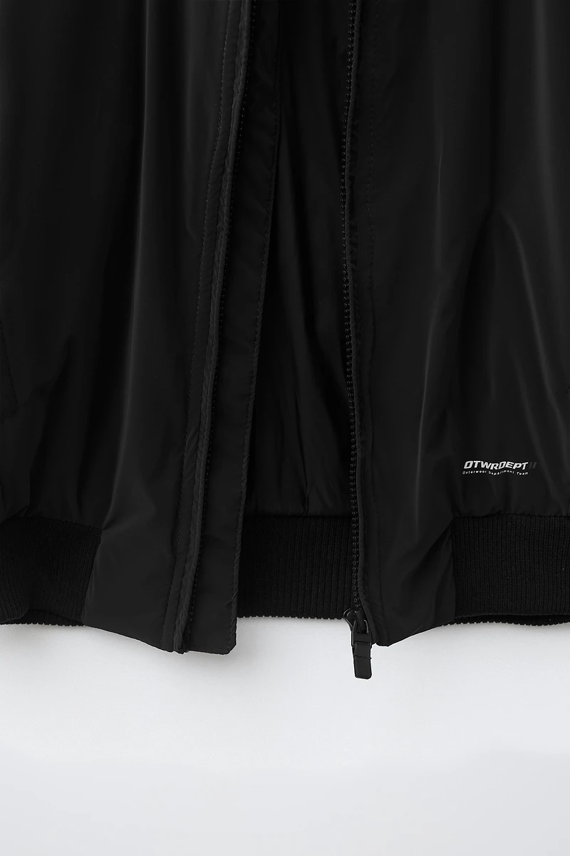 RUBBERIZED BOMBER JACKET WITH DETACHABLE HOOD