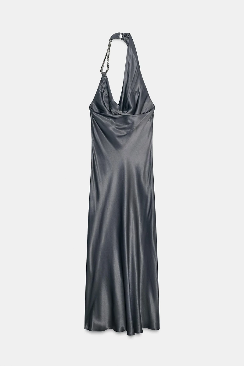 ASYMMETRICAL BEADED SATIN MIDI DRESS