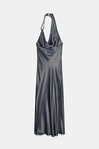 ASYMMETRICAL BEADED SATIN MIDI DRESS