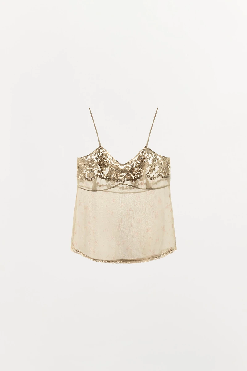 EMBROIDERED PRINTED ORGANZA TOP