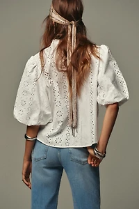 PUFF SLEEVE SHIRT WITH PERFORATED EMBROIDERY