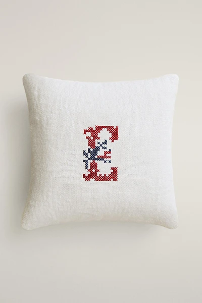 LETTER E EMBROIDERED LINEN CUSHION