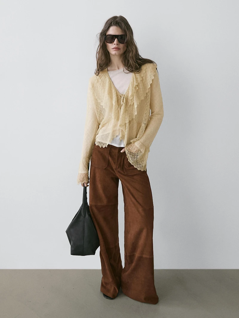 Pantalon large poches cuir daim