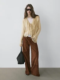 Pantalon large poches cuir daim