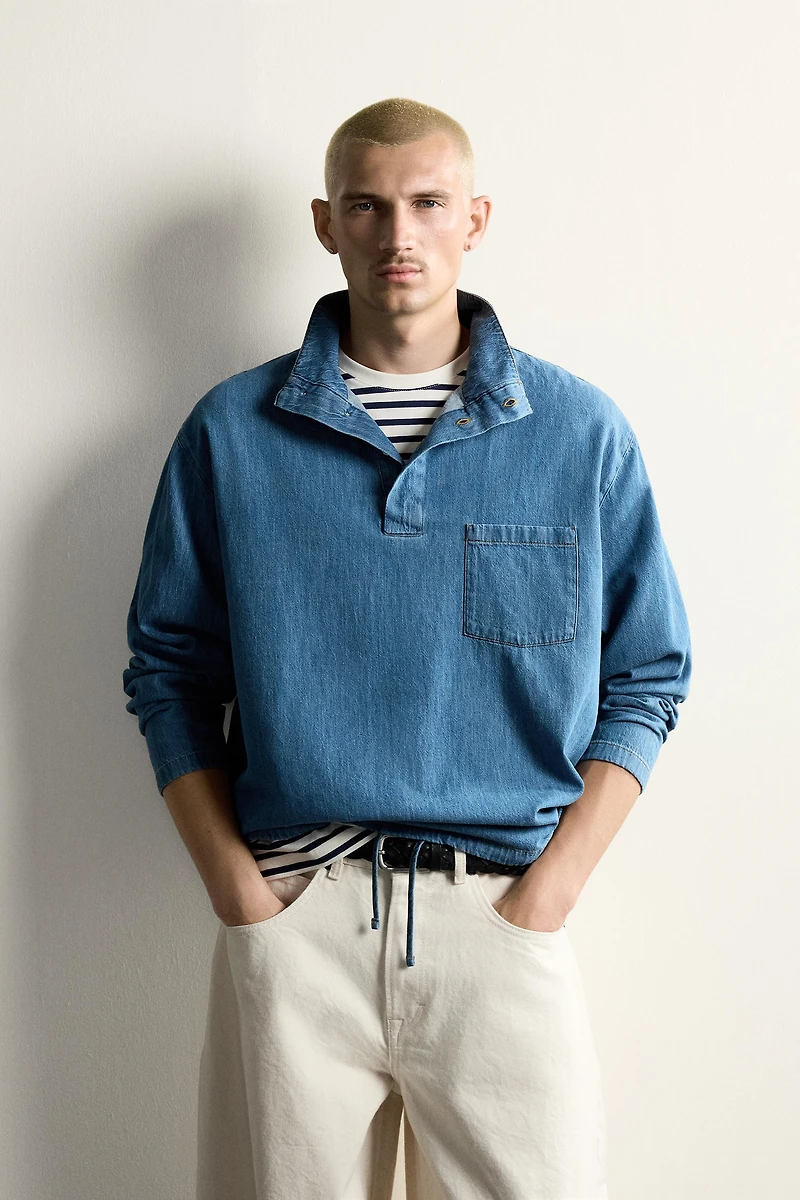 WASHED LIGHTWEIGHT DENIM POLO SHIRT