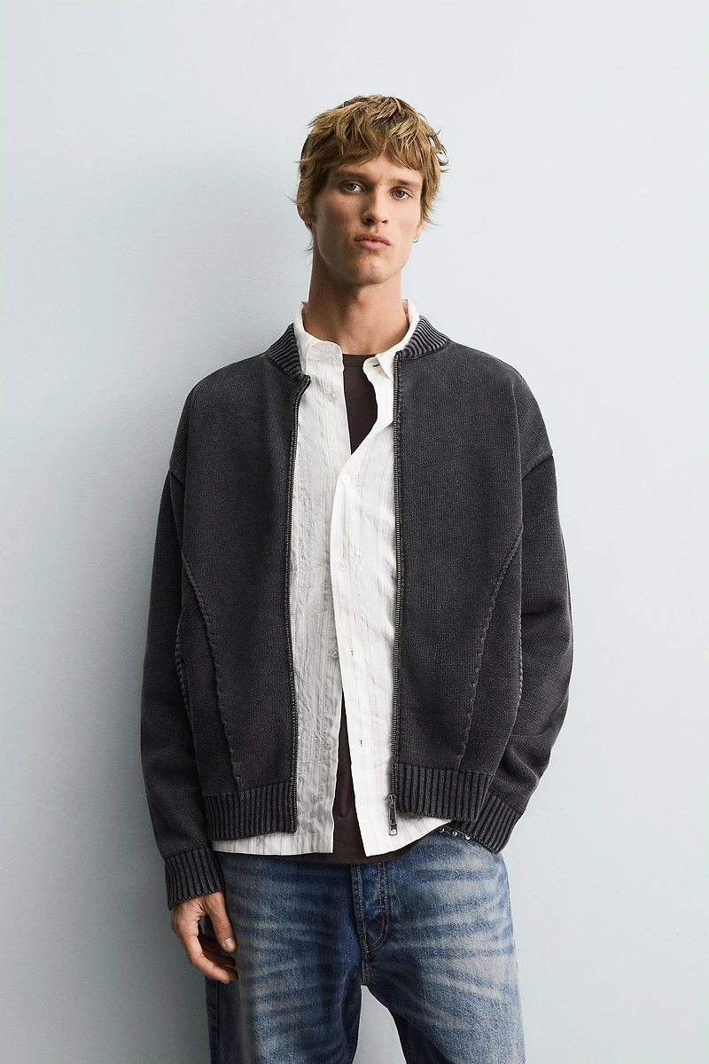 BLOUSON BOMBER EN MAILLE DÉLAVÉE