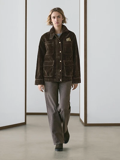 Veste denim effet velours détail col