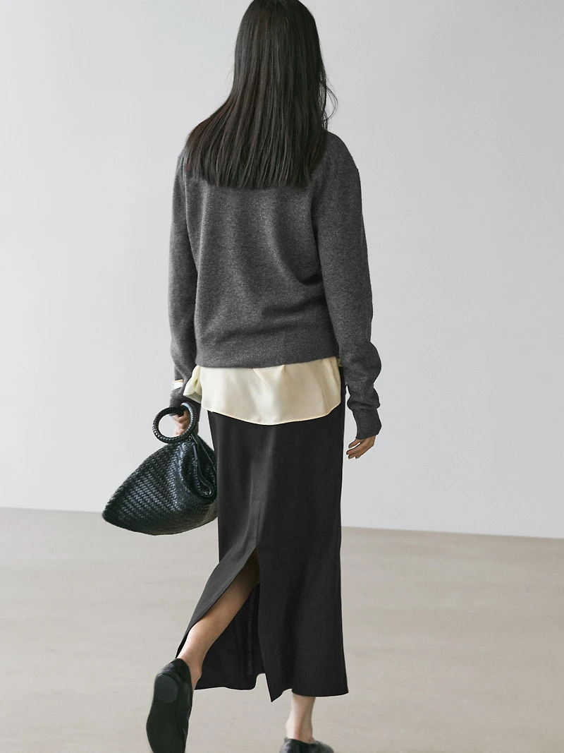 Straight linen blend midi skirt