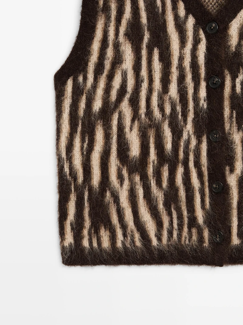 Veste sans manches en maille de laine mélangée à imprimé animal