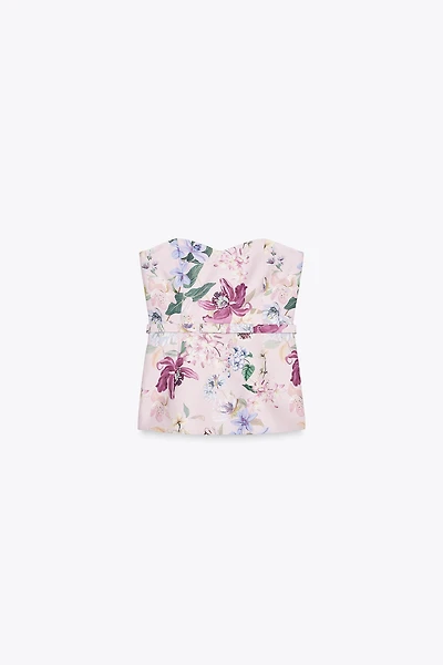 FLORAL PRINT BELTED BUSTIER TOP
